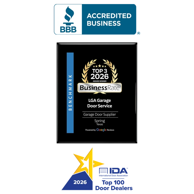 LGA Garage door has a BBB A+ rating, has won a top 3 2026 business rate from Google for Garage Door Service in Spring TX and is an IDA Top 100 Door Dealer