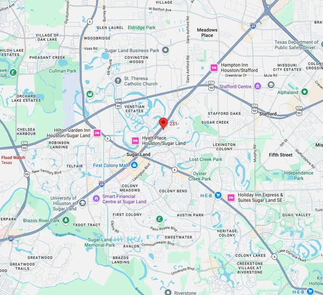 A map of Sugar Land, TX and it's surrounding areas that LGA Garage Doors services with garage door repair and installation
